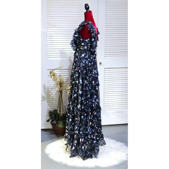 Mac Duggal Women's Black Floral Ruffled Chiffon Leena Maxi Dress Size 8 2808 - Picture 5 of 16